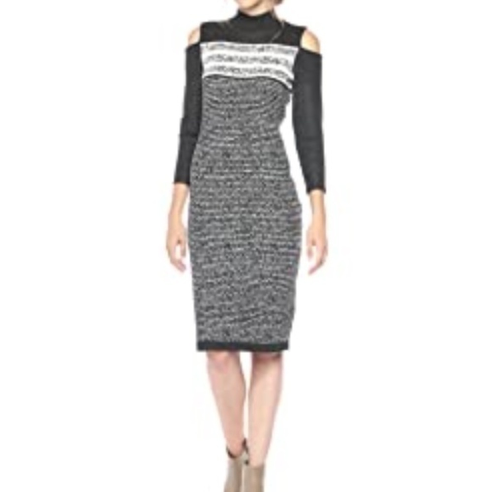 NWT Gabby Skye Knit Exposed Shoulder Turtleneck Charcoal White Dress Size L